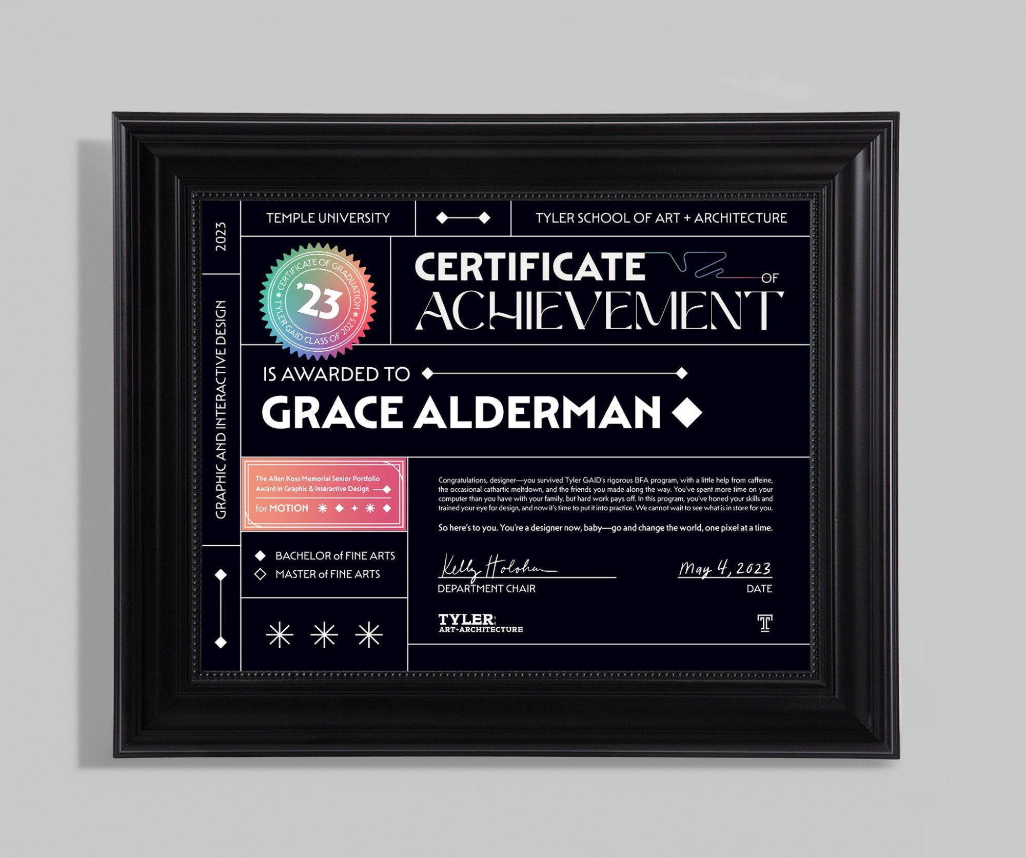 Framed certificate of achievement in the Connect identity