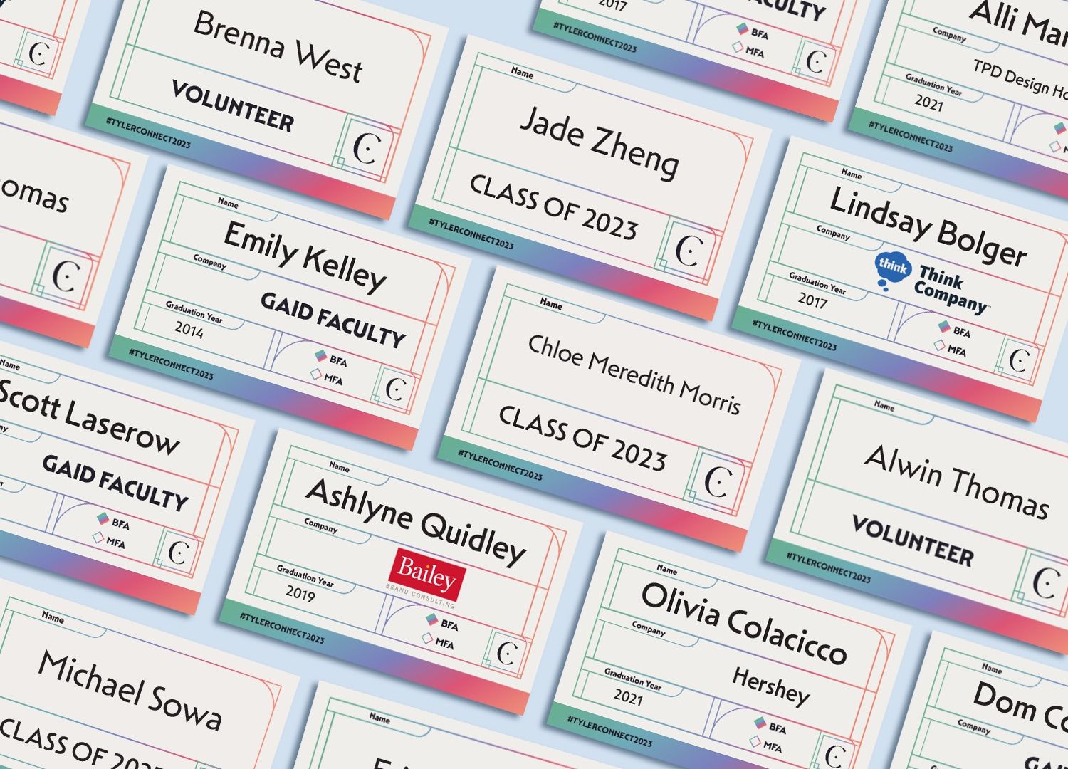 Printed name tags for alumni, faculty, volunteers and the class of 2023