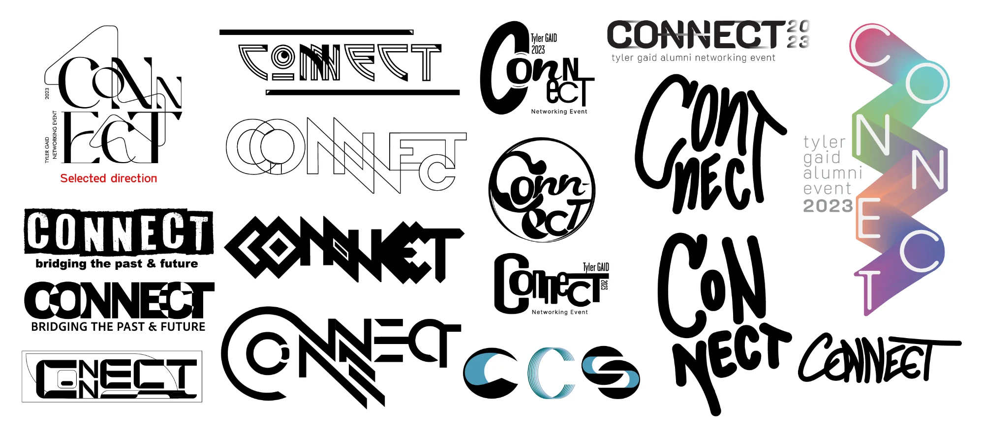 First round concept board of CONNECT logotype directions, with the selected direction marked