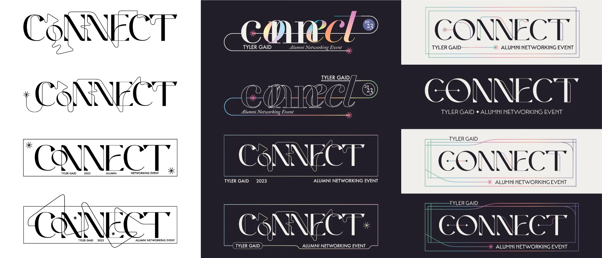 Logo development: letterform refinements, lockup studies and the final logo in light and dark versions